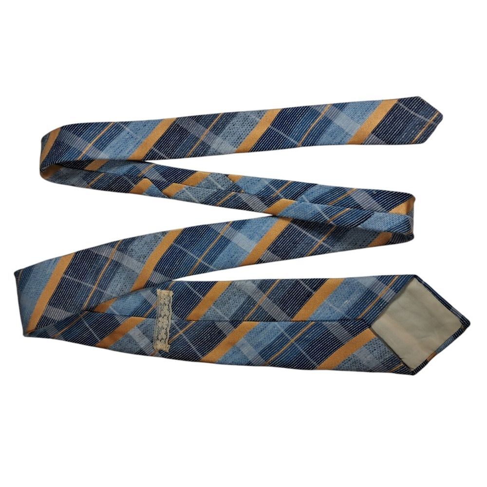 Handmade Vintage Plaid Necktie Blue Yellow Textured Polyester 3x58 Elegant Party - Picture 3 of 7